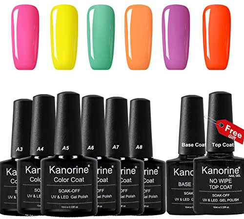 KANORINE 8pcs Nail Gel polish Candy Colour Set (6 colors + base & top coat) Soak off UV/LED Gel Nail Polish Long Lasting Gel Varnish Manicure Set 10ml x8pcs