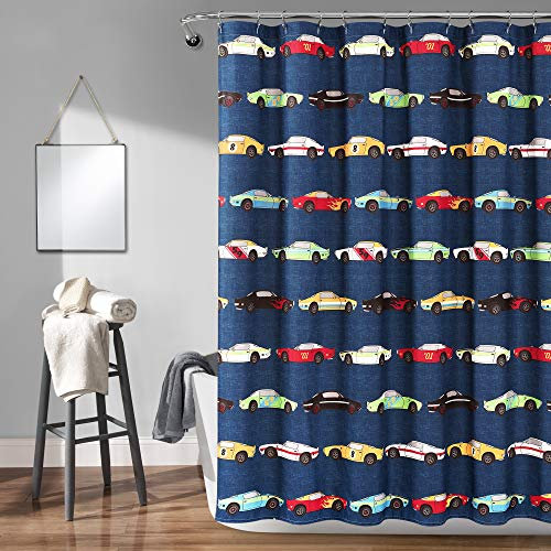 Lush Decor Cars Shower Curtain-Fabric Racing Print Design for Kids, Navy, Polyester, 72 W x 72 L (Pack of 1)