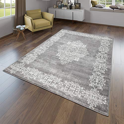 TT Home Wohnzimmer Teppich Kurzflor Wohnzimmerteppich Geometrisches Design Karos Modern Used Look, Farbe:Grau, Größe:80x150 cm, OriginID:2114224