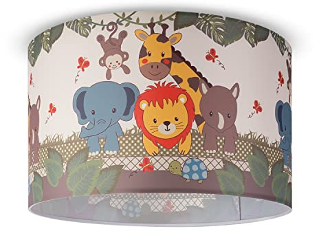 Paco Home Pendelleuchte Kinderzimmer Deckenlampe Stoff Lampenschirm Dschungel Tiere E27 1,5m Textilkabel Dinosaurier Zoo, Farbe:Design 1 (Ø45,5 cm), Leuchtenart/Farbe:Deckenleuchte - Weiß