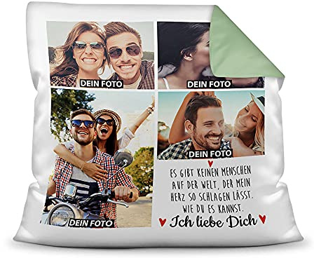 Print Royal Kissen mit Füllung - Fotocollage und Spruch - Für Verliebte & Paare - mit Vier Wunschfotos selbst gestalten - Farbkissen Rückseite Seegrün, 40x40 cm