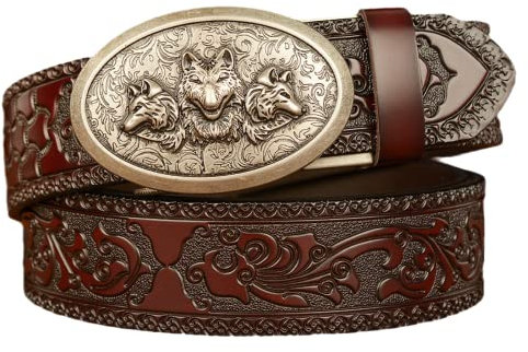 DFGGE Gürtel Herren Ledergürtel Ratsche Gothic Lustig Schön Western Wolf Fuchs Silber Oval Automatikschließe Business Anzug Gürtel 35Mm Breit,Braun,110cm/waist:36~38