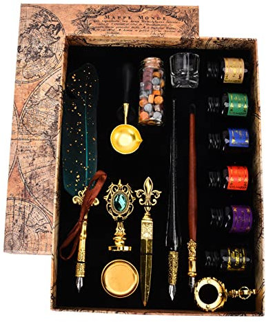 FASJ Federkiel-Tintenset, Feather Quill Pen and Ink Kit mit Feather Dip Pen/Glass Dip Pen/18 STK. Ersatzspitzen/6 STK. Tinte/Feuerlack Wachspartikel, Ideales Geschenkset zum Schreiben(Dunkelgrün)