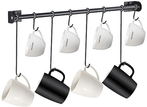 SIMVE Coffee Mug Rack Wall Mounted,Modern Hanging Tea Cup Holder,Metal 15.7 Rail with 8 Utensil Hooks,Rustic Storage Hanger for Cafe Bar,Dining,Corner Nook,Matte Black