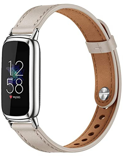 TUV PLNT Elegantes, schlankes Lederarmband, Kompatibel mit Fitbit Luxe, Weiches Armband, Ersatz für Fitbit Luxe Fitness- und Wellness-Tracker für Damen, Beige/Silber