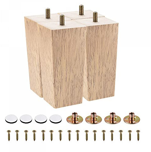 sourcing map Furniture Legs, 6 Inch(150mm) Set of 4 Square Solid Wood Couch Legs Chair Table Feet Sofa Support Replacement Parts, with Accessories, Light Brown