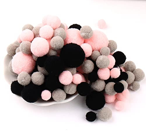 Duories 135 Bunte Pompons zum Basteln,10-30mm Mini Pompons Bälle Kleine Bommeln Kugeln,Flauschigen Bunte Pom Pom Deko Pompom Plüschbälle Bastel Zubehör für Nähen Deko DIY Handwerk,Rosa Grau Schwarz