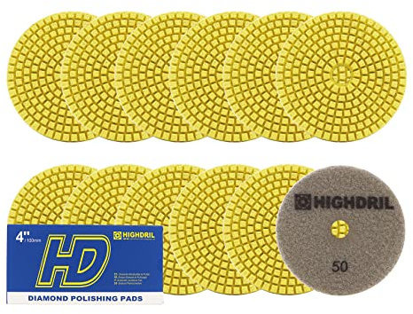 HIGHDRIL Almohadillas Pulido Diamante Húmedas - 12piezas #50 Almohadillas Lijado 100MM para Granito Piedra Mármol Suelo Grinder Pulir Almohadilla Kit para Taladro, Amoladora, Pulidora
