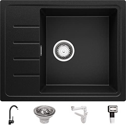 PRIMAGRAN Lavandino da Cucina Nero 62x50cm, Lavello da Cucina a 1 vasca + Sifone Classico + Rubinetto 32x20cm + Tagliere, Lavabo da Cucina Incasso al mobile 50cm - Copenhagen