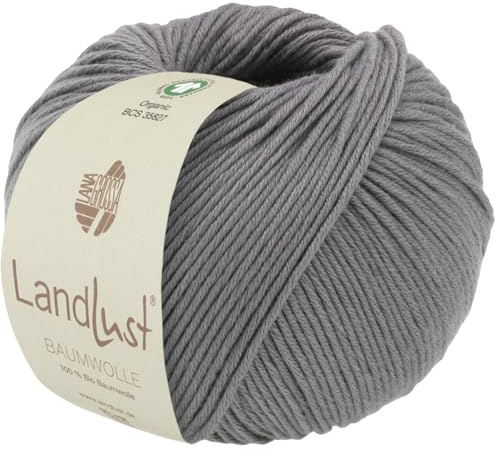LANA GROSSA Landlust Baumwolle | Klassisches Bio-Baumwollgarn, Gots zertifiziert | Handstrickgarn aus 100% Baumwolle (Bio) | 50g Wolle zum Stricken & Häkeln | 115m Garn FB 2 Grau