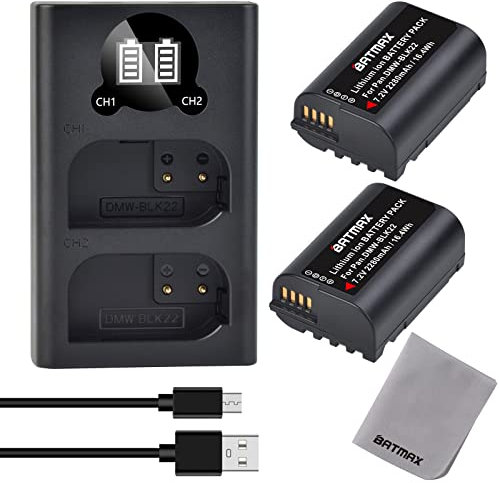 Batmax 2Pcs 2280mah DMW-BLK22 Replacement Battery and LCD Display Battery Charger with Type C port for Panasonic LUMIX DC-S5 DC-SSK DC-G9 DC-GH5 DC-GH5 II DC-GH5S DC-GH6 Camera