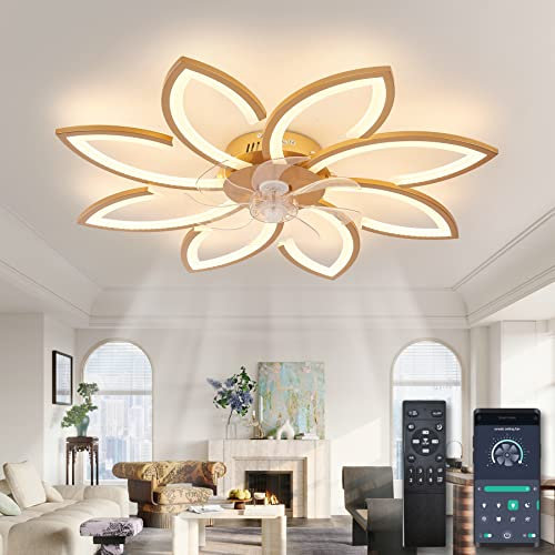 Ventilatore Soffitto con Luce e Telecomando, Plafoniera con Ventilatore Silenzioso, Lampadario con Pale Ventilatore Fiore, Dimmerabile, Funzione Memoria, 6 Velocità, Motore DC, Estate Inverno, Oro