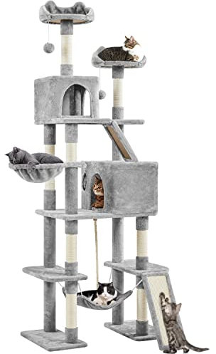 Yaheetech Arbre à Chat Géant Hauteur 209 cm Multiniveau avec Poteaux en Sisal Arbre pour Chat en Bois avec Griffoirs 2 Perchoirs Design Mignon 2 Grandes Niches Panier Hamac 2 Boules Gris Clair