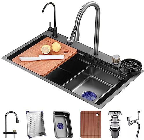 Fregadero de Cascada para el hogar Fregadero de Cocina de un Solo tazón Juego de Fregadero de estación de Trabajo con Grifo extraíble y Lavavasos de Vidrio