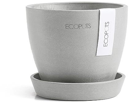 Ecopots Blumentopf Antwerp Mini Hell Grau - Durchmesser Ø 11 cm rund groß - mit Untersetzer - Pflanzentopf aus Recycling Kunststoff - Übertopf modern für Indoor und Outdoor