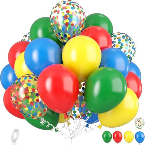 Red Yellow Blue Balloons, Rainbow Assorted Latex Balloons, Red Blue Green Yellow with Colourful Confetti Balloons, for Birthday, Festival, Carnival Circus, Robot Blocks, Video Game Party Decoration