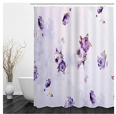 Skcess Rideau Douche Original Violet, Rideau Douche Retro 150 x 180 Beaucoup de Fleurs Rideau Douche Polyester avec Crochets