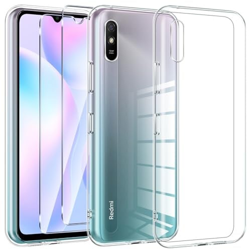 Kokio Cover per Xiaomi Redmi 9A/9AT con 2 Pezzi Pellicola Vetro Temperato, Trasparente Protettiva Case Custodia in TPU 6,53 Pollici, Antiurto, Antigraffio, Ultra Sottile, Non Ingiallente