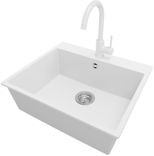 PRIMAGRAN Granitspüle ab 60er Unterschrank + Küchenarmatur, 58x50cm | Set: Küchenarmatur BW5010 + Ablauf-Set (Siphon, Ablaufgarnitur, Überlauf) + Spülbecken 1 Becken - Riga, Weiß