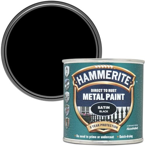 AMK® Hammerite Metal Paint Satin 250ml Black Direct To Rust 3 in 1 Primer Undercoat Topcoat Exterior Long Lasting 8 Year Protection Weather Resistant Finish Gates Railings Furniture