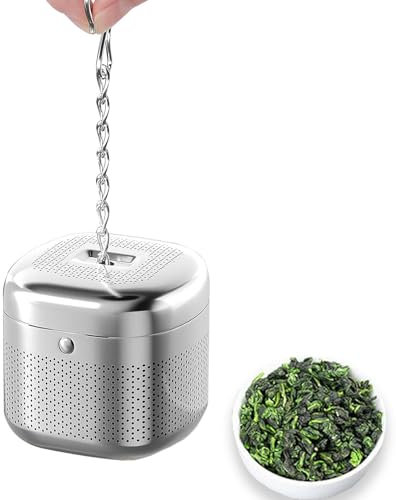 Roucerlin 1 Pack Square Tea Infuser Steeper for Loose Leaf Tea, 304 Stainless Steel Tea Strainer with Chain Hook & Lid, Fine Mesh Tea Diffuser, Tea Filter Holder for Cup Teapot Spices