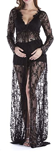 Générique Robe Grossesse Chic Et Elegant Pas Cher Mariage Maxi Robe Grossesse Shooting Photo Dentelle Manche Longue Col en V Robe Maternité Fête Soirée Cérémonie