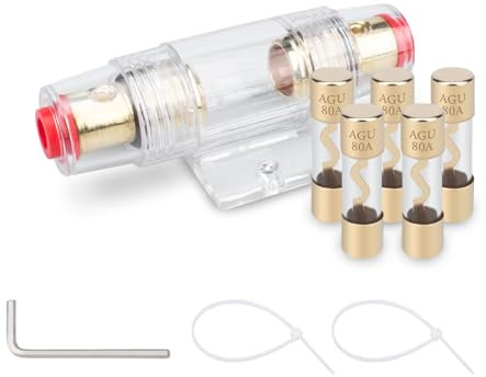 Innfeeltech 5 Pcs Gold Plated Glass 80A AGU Fuse for Automotive Audio Power Safety with 1 Pcs Gold Plated Inline AGU Fuse Holder