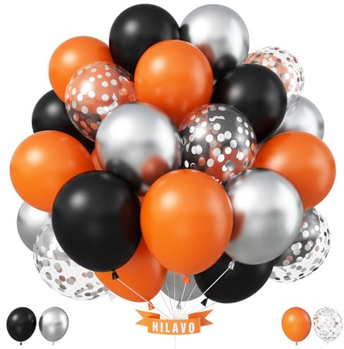 Luftballons Schwarz Orange 12 Zoll Schwarz Orange Metallic Silber Latex Konfetti Luftballons Set Geburtstag Party Ballons Deko für Halloween Basketball Thema Babyparty Hochzeitstag Dekorationen