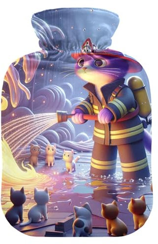 Wärmflaschen mit weichem Bezug, Motiv: Katze als Feuerwehrmann verkleidet mit weichem Bezug, Bett, Hand- und Fußwärmer, Wintergeschenk, Wärmbeutel zur Schmerzlinderung, 1 Liter