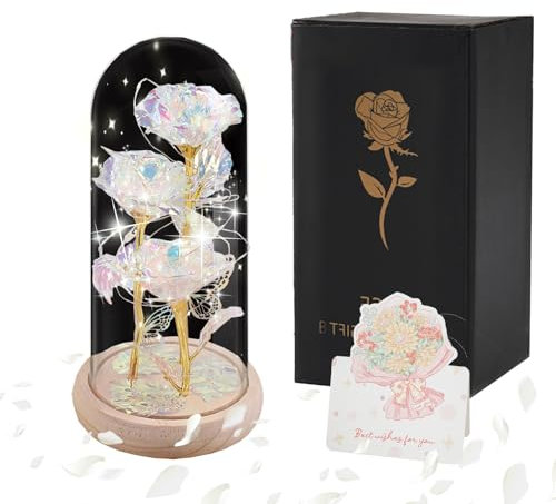 Yootiko Rose éternelle - Cadeau pour femme - Rose éternelle dans un verre avec lumière LED - Dôme en verre - Belle et la bête - Décoration de bouquet de roses à paillettes - Cadeau d'anniversaire de