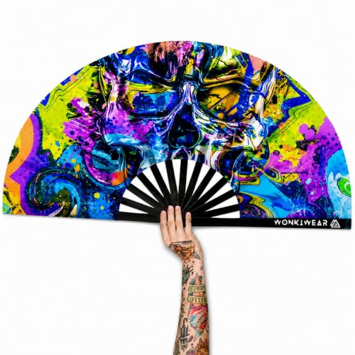WONKIWEAR Fan, Folding Handheld, Glow UV Reactive Design, Large Strong Black Bamboo. Unisex for Raves, Festivals, Concerts, Drag, Gay Pride (UV Skull and Bass, Large)