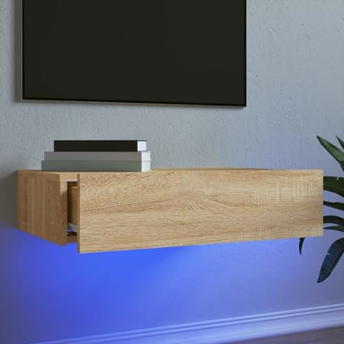 Homgoday Meuble TV avec éclairage LED chêne Sonoma 60x35x15,5 cm, Armoire de Télévision Suspendu avec Tiroir, Mural Meuble TV Flottant pour Salon, Chambre