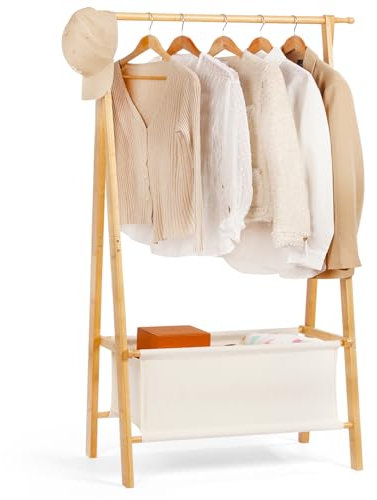 Relquorax Kleiderständer Bambus, Garderobenständer offener Kleiderschrank mit Aufbewahrungstasche Kleiderstange Haken, stabil für Schlafzimmer Flur (M)