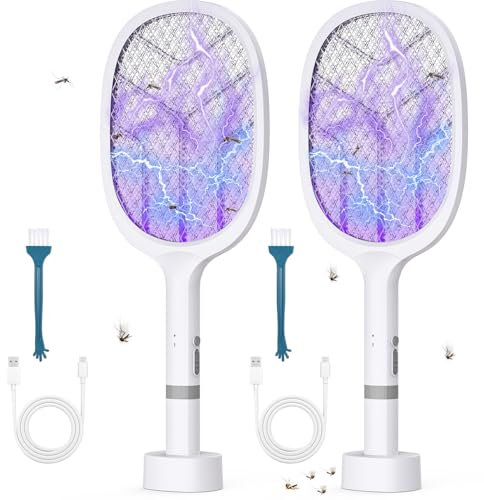 YOUBST Matamoscas eléctrico extrafuerte, 4800 V USB-C eléctrico, Recargable, 2 en 1, matamoscas eléctrico y antimosquitos, lámpara para Mosquitos, Moscas, Avispas, polillas (2 Unidades)