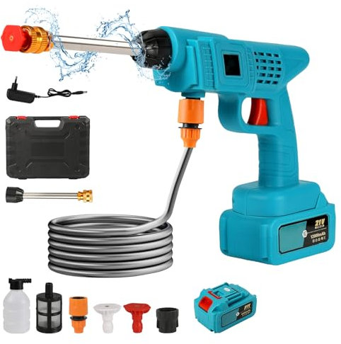 Akku Hochdruckreiniger,21V Akku-Druckreinigerpistole Hochdruckpistole mit 1/2 12000mAh Akku, Mobile Reinigung und Bewässerung Druckreinigerpistole für Reinigung und Bewässerung (1 Batterien)