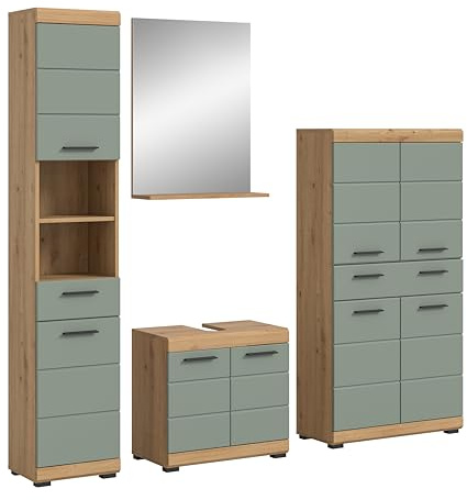 furnling Badmöbel-Set Scott, Badezimmer-Set 4-teilig, Hochschrank, Spiegel, Waschbeckenunterschrank, Badmidischrank, Badschränke, Salbei/Artisan Eiche