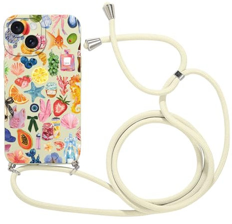 Foonary Case for iPhone 13 Mini with Lanyard, Cute Aesthetic Fruit Flower Colourful Pattern Adjustable Necklace Cover, Silicone Case with Rope Lanyard Cover Bumper for iPhone 13 Mini 5.4 Inch, Flower