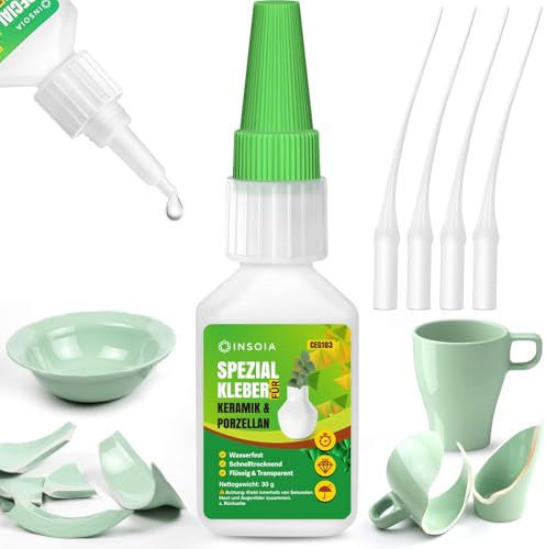 Porzellankleber Extra Stark Wasserfest für Keramik,Keramikkleber 30 G Set | Flüssig Transparent Sekundenkleber, Kleber für Porzellan, Waschbecken, Ton, Vasen,Tasse. Glue mit 4 PräZisionsspitzen