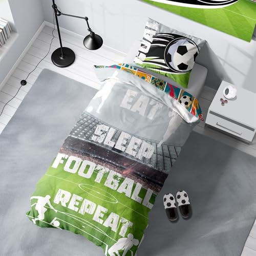 IT'S COMING HOME! Eat Sleep Football Repeat Single Duvet Cover – Reversible Football Stadium Bedding Design – Polycotton Bedding with Matching Pillowcase