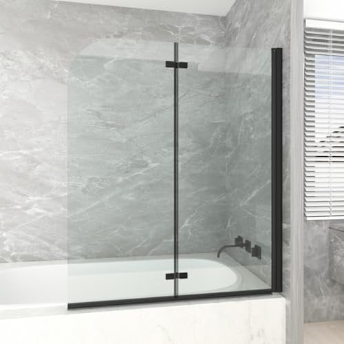 T&K Duschwand für Badewanne 120x140cm Schwarz, 2 teilig Faltbar Glas Badewannenwand 5mm Gehärtetes Sicherheitsglas Beidseitig Leicht Zu Reinigen Badewannenaufsatz Duschabtrennung für Badewanne