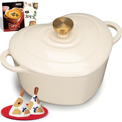 Overmont 2L Enamelled Cast Iron Dutch Oven - Heart-Shaped Casserole Dish | Oven Safe to 500°F, Mini Cookware with Recipe Potholder, for Bread Baking Soups Stews, Gift for Wedding Birthday Housewarming