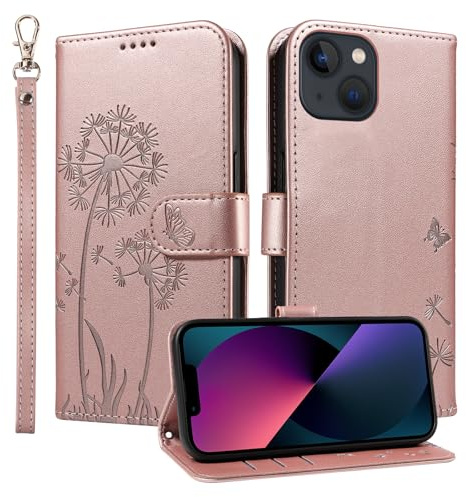 Trugox Wallet Case for Apple iPhone 13 Mini Phone Case Leather Dandelion with Credit Card Holder Purse Kickstand Folio Book Folding Flip Case Cover Women Shockproof - Rose Gold