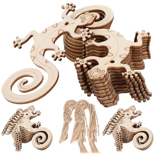 MUELODSIC 50 Pieces DIY Unfinished Lizard Wood Slices with 50 Twine Strings, Blank Wooden Cutouts for Hand-Painted Crafts and Home Decoration