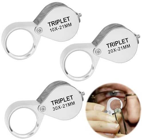 3er Set Juwelierlupe – Präzisions-Taschenlupe mit 10x, 20x, 30x Magnifying für Edelsteinprüfung, Uhrenreparatur & Münzsammeln, Kristallklare Linsen im Metallgehäuse