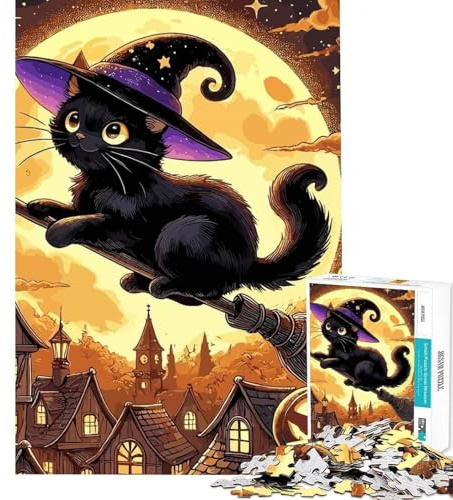 Jigsaw Puzzles for Teenagers 1000 Piece Black Cat Witch on Broom Puzzle for Adults Fun Games But Fun And Humorous Christmas Birthday Gifts (Size 38x52cm)