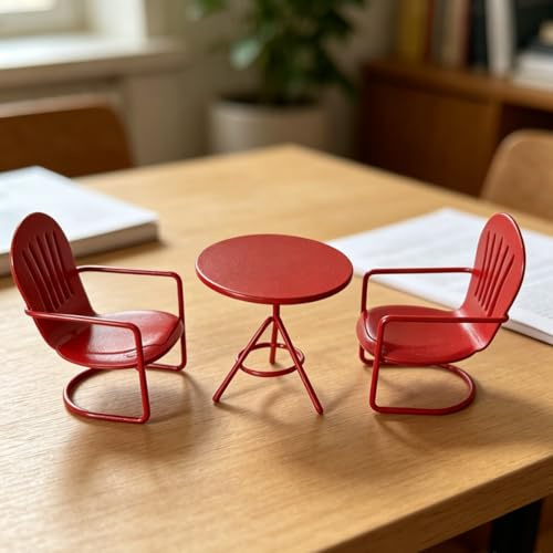 KARLOR 3-teilig Mini Metall Tisch und Stühle Set, Feengarten Deko Miniatur-Möbelset Kleine Dekoration für Garten Fenster Schreibtisch Miniatur -Landschaft Szene (Rot)