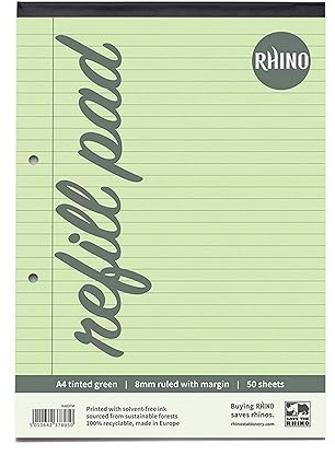 RHINO A4 Refill Pad, Writing Pad, 100-Page / 8mm Lined with Margin, 1-Pack, Green Lined Writing Paper for Dyslexia & SEN, Office & School Stationery Supplies