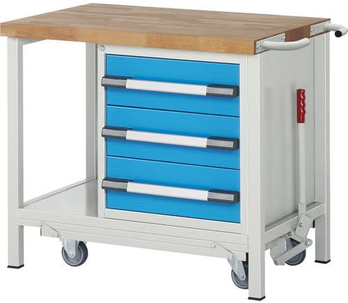 eurokraft | Fahr- und absenkbare Werkbank | Gestellbauweise Serie 8000 | 3 Schubladen | Ablageboden | BxT 1000 x 700 mm