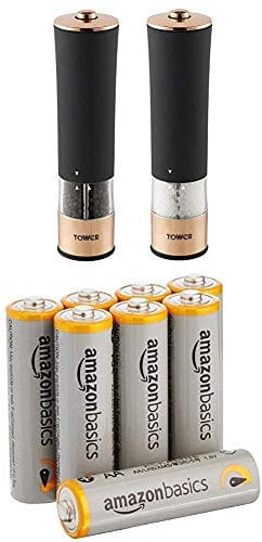 Tower Electric Salt and Pepper Set, Stainless Steel, Black and Rose Gold with Amazon Basics Batteries