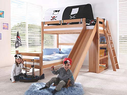 Froschkönig24 Etagenbett Sky Kinderbett mit Rutsche Spielbett Bett Natur Stoffset Pirat, Matratzen Oben/unten:ohne